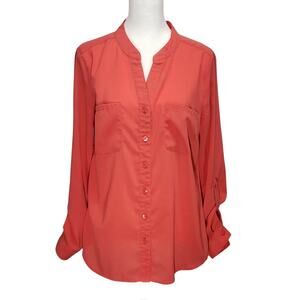 Covington Coral V‑Neck Button Front Blouse M • Long Sleeve Tab • Pockets